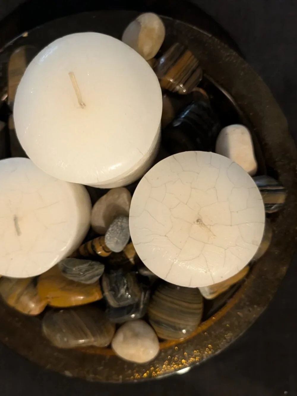 Zen River Rock Glass Bowl Candle Centerpiece with Metal Stand – White, Gray &